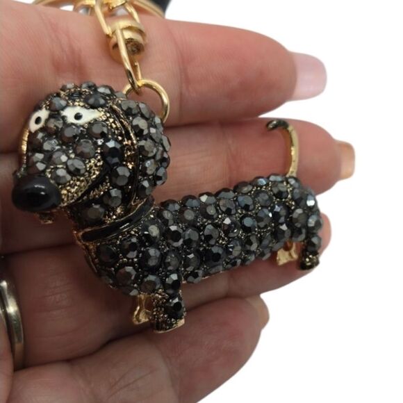 Glitzy Black Wiener Dog Bag Clip Keychain Dachshund Rhinestone Keyring Charm NEW - Picture 5 of 8